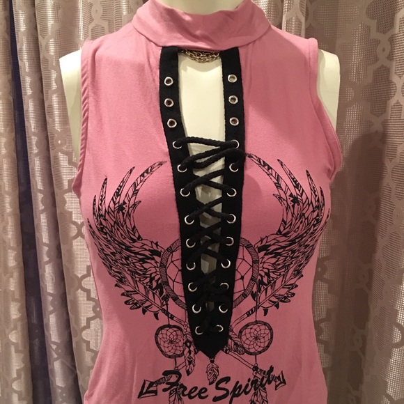 iris Tops - Free Spirit Pink Lace Front Choker Bodysuit